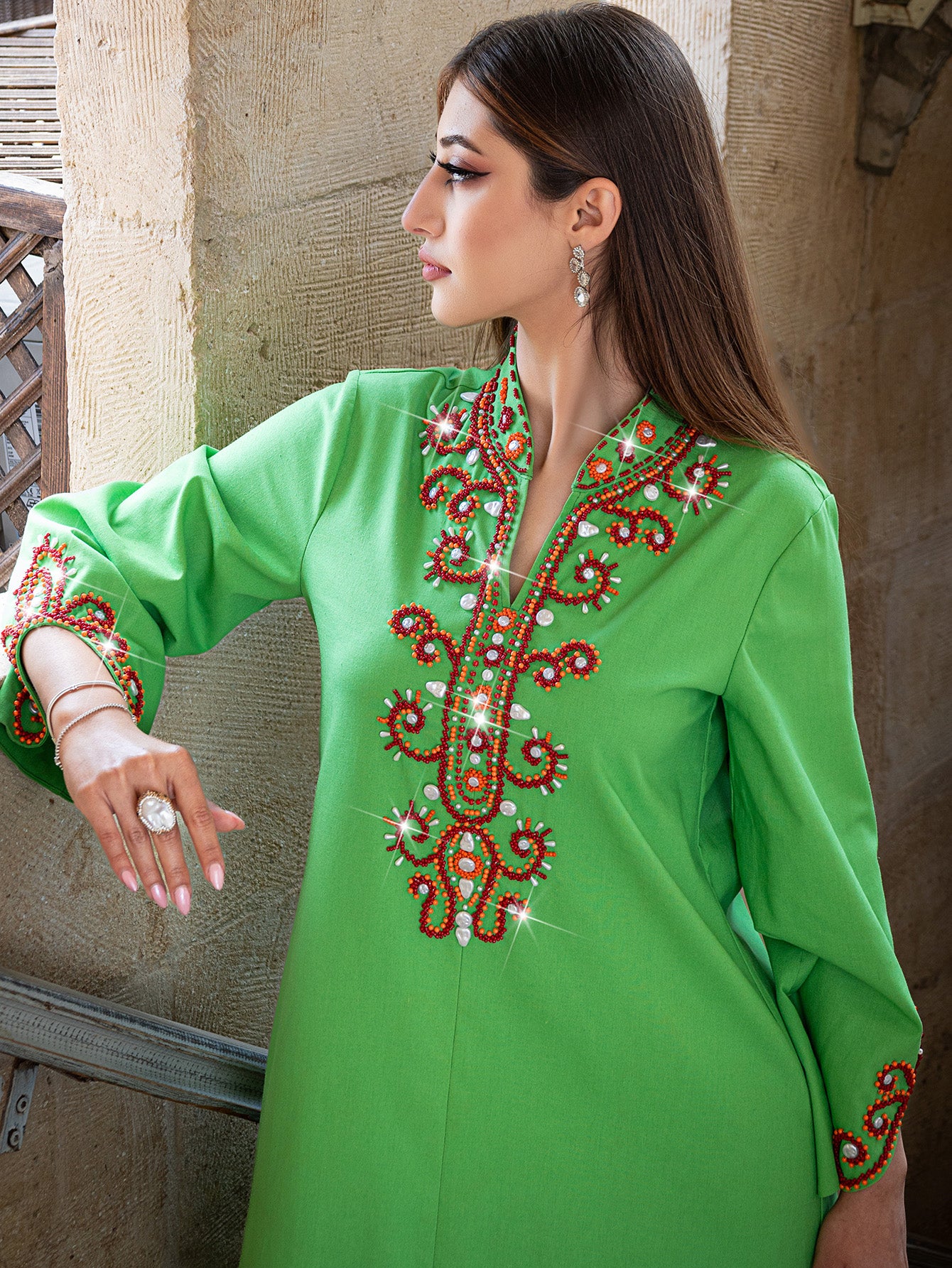 15004 New High-end Rice Bead Embroidery Fashion Dress Abaya Spot Robe Dress