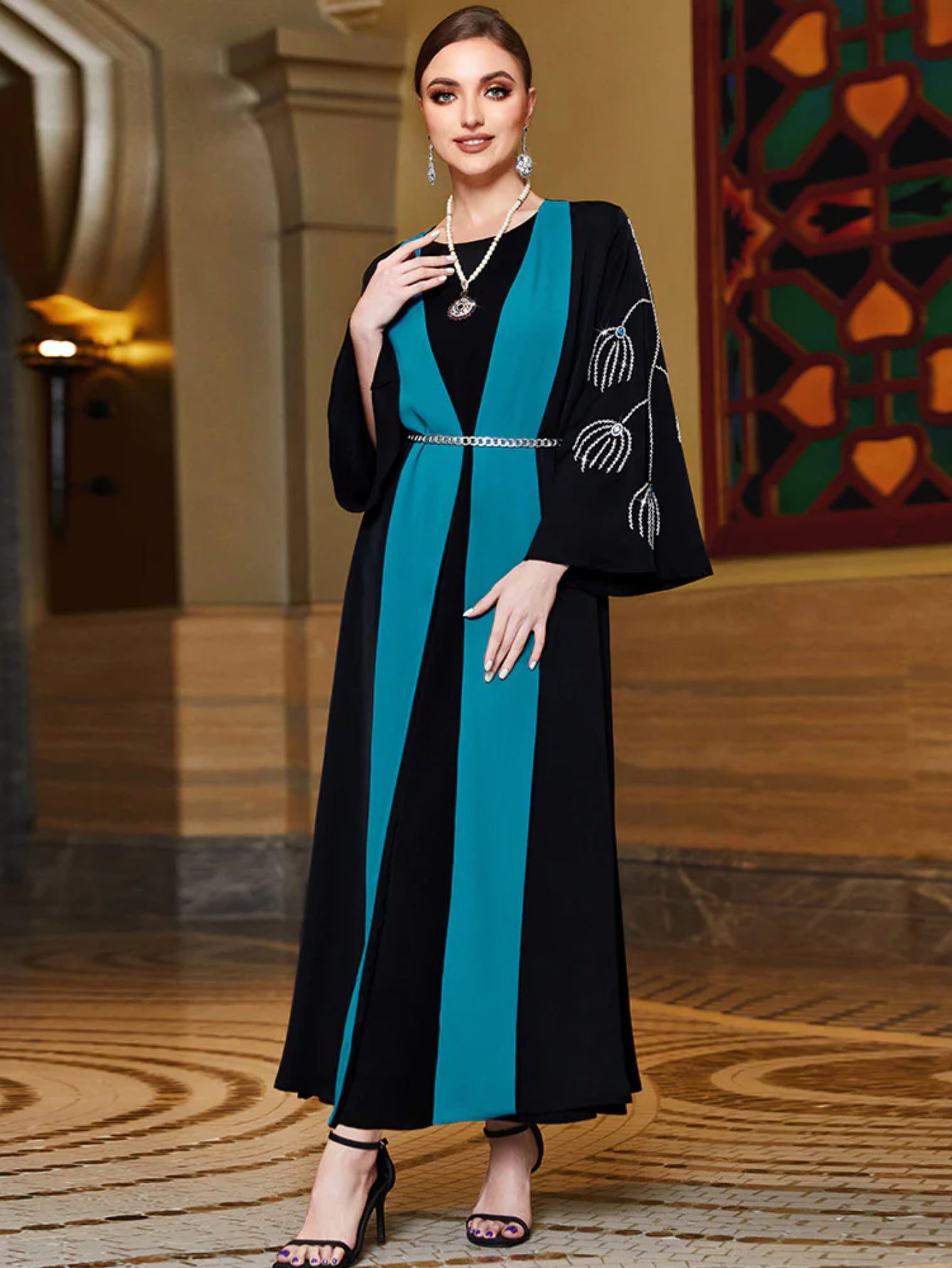 3006 Modern Black-Turquoise Color-Block Abaya Dress | Unique Tailoring & Beaded Details, Lead Fashion Trends