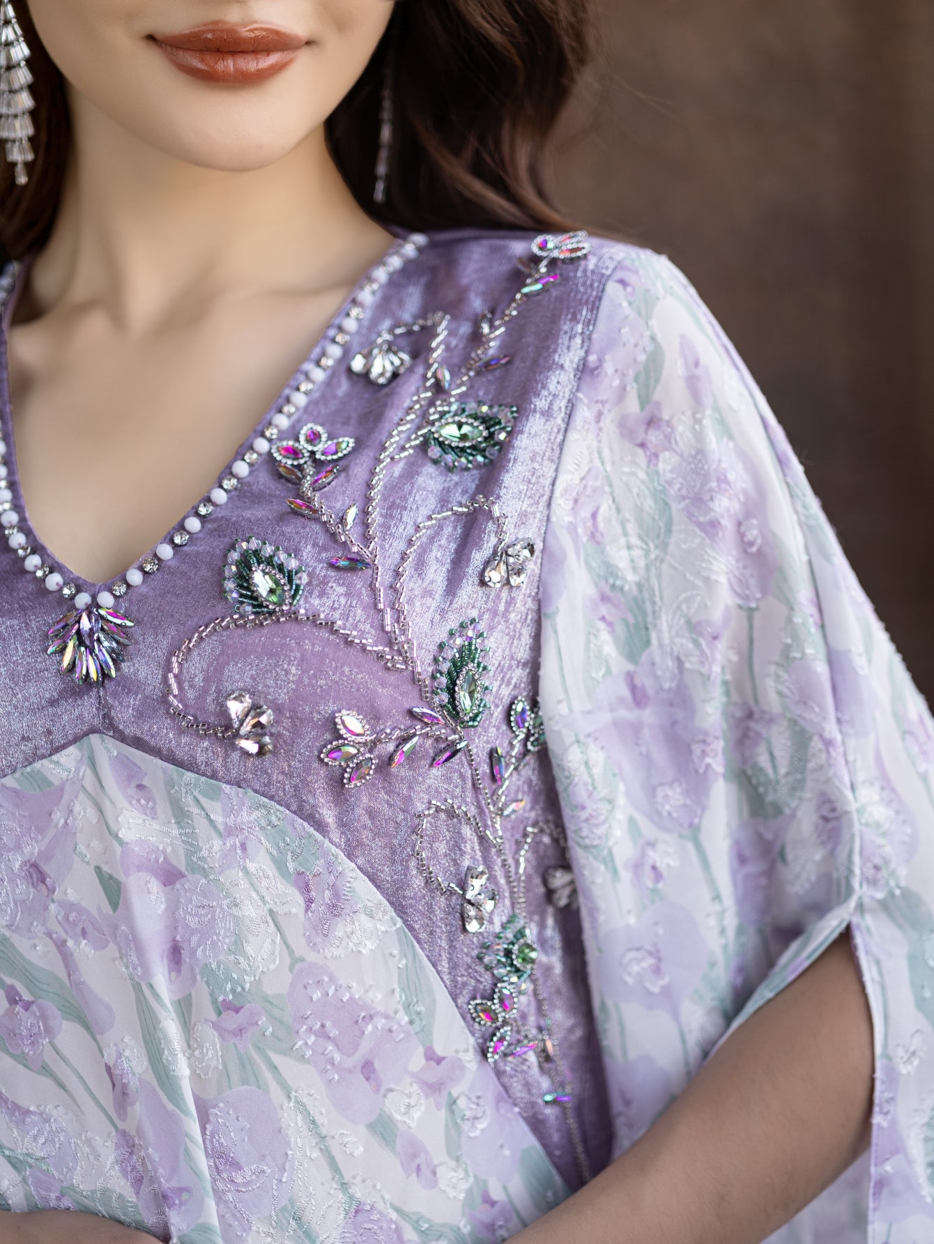 5193Traditional Arabic Embroidered Abaya | Lavender Pearl V-Neck Bell Sleeves Dress for Cultural Evening Wear
