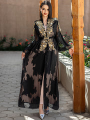 5228Arabic Two-Piece Abaya Dress | Black Sheer Embroidered Gown with Layered Silhouette