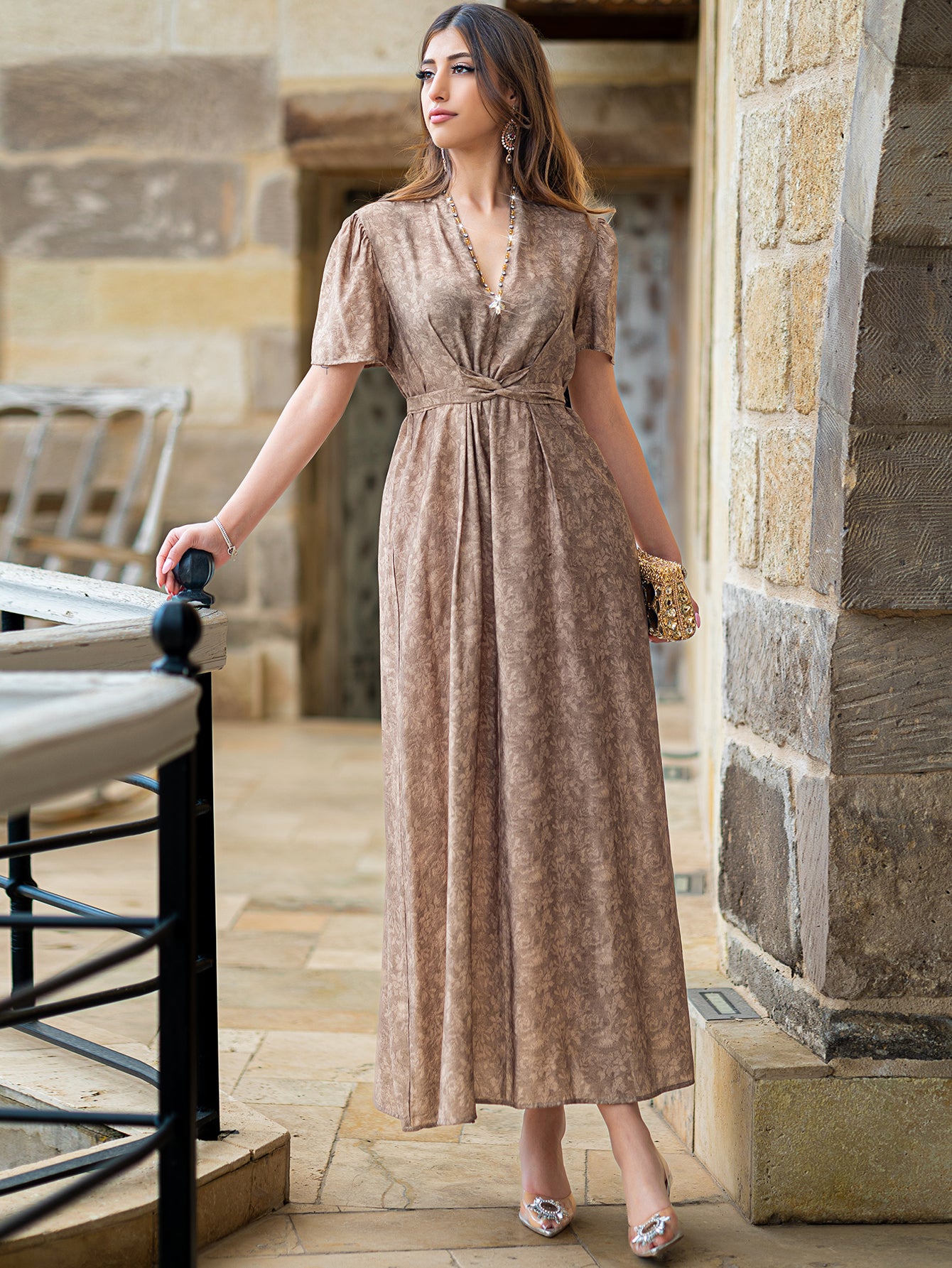 15031 khaki two-piece flowing long-sleeved cardigan robe women's clothing
