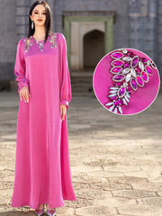 15203 four-season hand-sewn diamond new fashionable loose solid color lantern sleeve dress