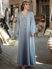 4124 Middle Eastern Style Light Blue Embroidered Loose Sleeve V-Neck Maxi Dress - Elegant Sparkling Decorated Gown