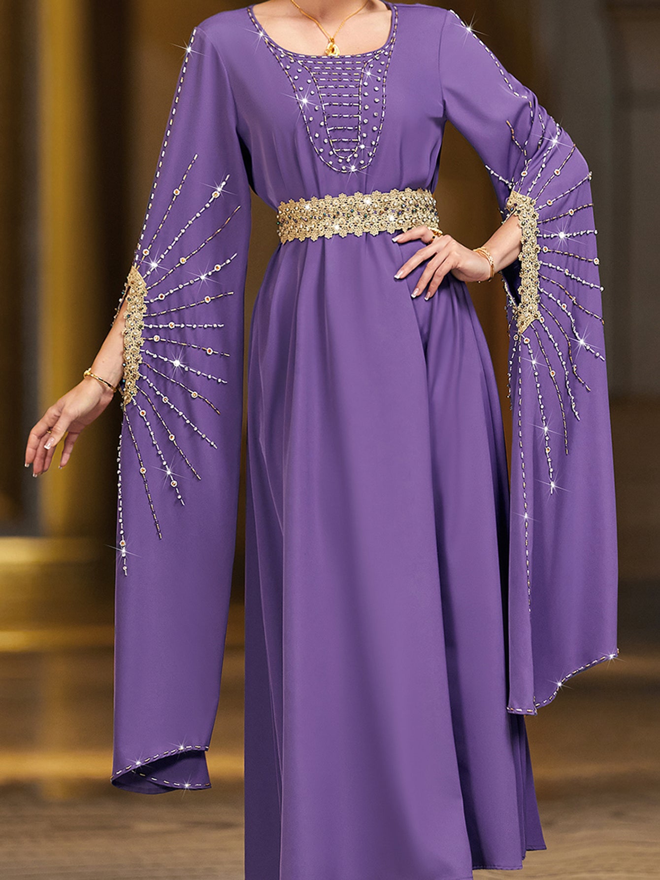 4006 Hand-Swen Bead Embellshments Rhinestone Long Abaya,  Elegant Modest Rmantic Glamorous Vacation Fantasy  Long Sleeve