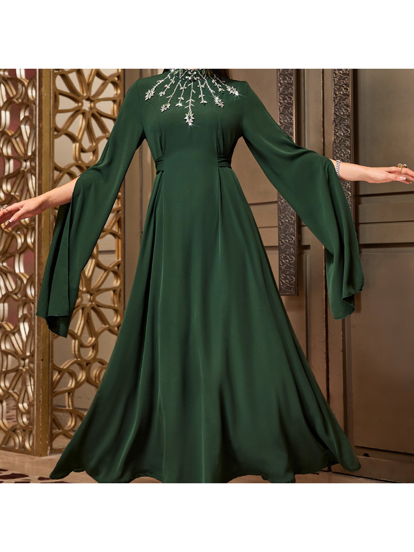 4035 Hand-Swen Bead Embellshments Rhinestone Long Abaya,  Elegant Modest Rmantic Glamorous Vacation Fantasy  Long Sleeve