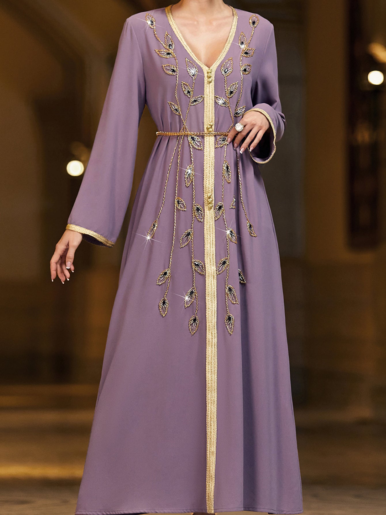 4032 Hand-Swen Bead Embellshments Rhinestone Long Abaya,  Elegant Rmantic Glamorous Vacation Fantasy Long Sleeve