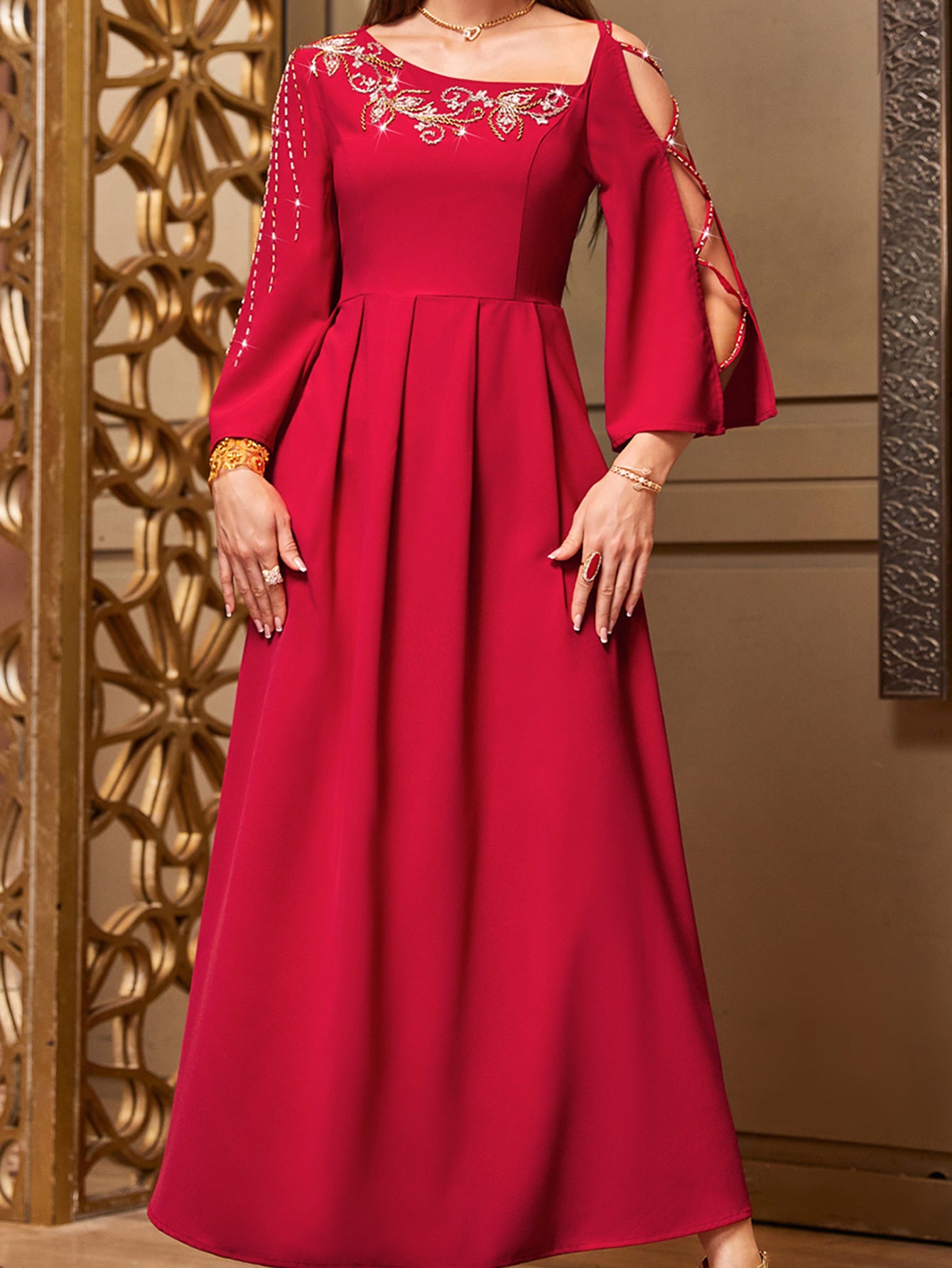 4017 Hand-Swen Bead Embellshments Rhinestone Long Abaya,  Elegant Rmantic Glamorous Vacation Fantasy Long Sleeve