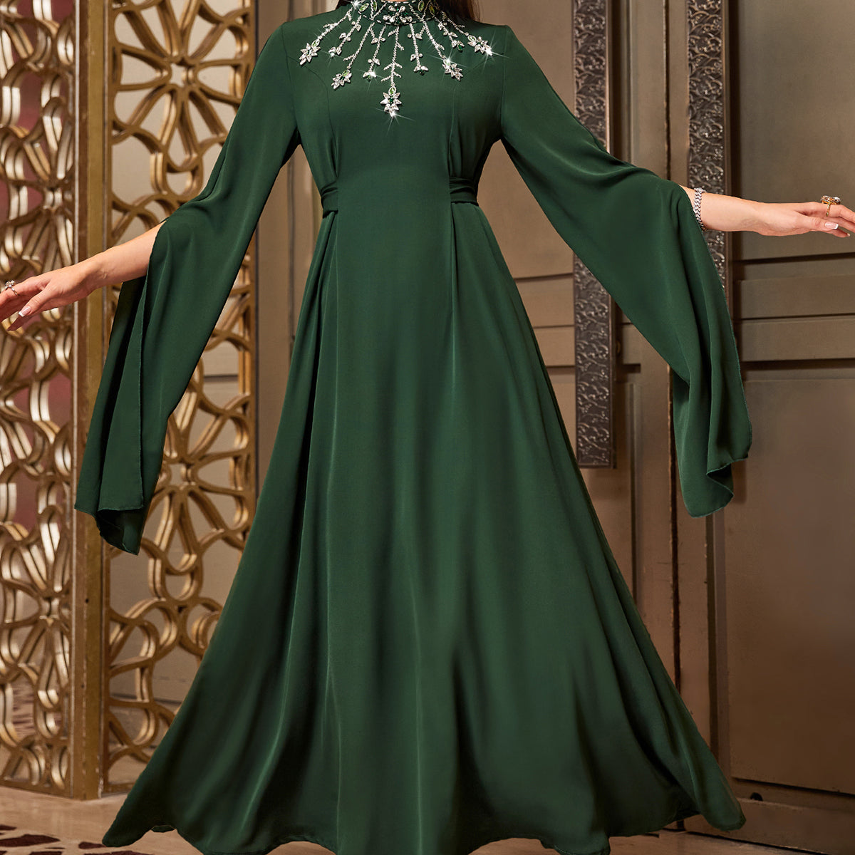 4035 Hand-Swen Bead Embellshments Rhinestone Long Abaya,  Elegant Modest Rmantic Glamorous Vacation Fantasy  Long Sleeve