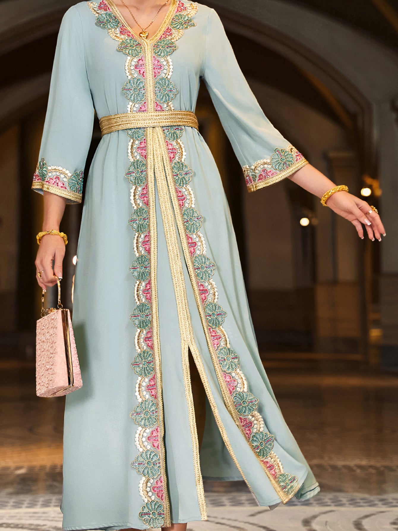 4066 Hand-Swen Bead Embellshments Rhinestone Long Abaya,  Elegant Rmantic Glamorous Vacation Fantasy Short Sleeve