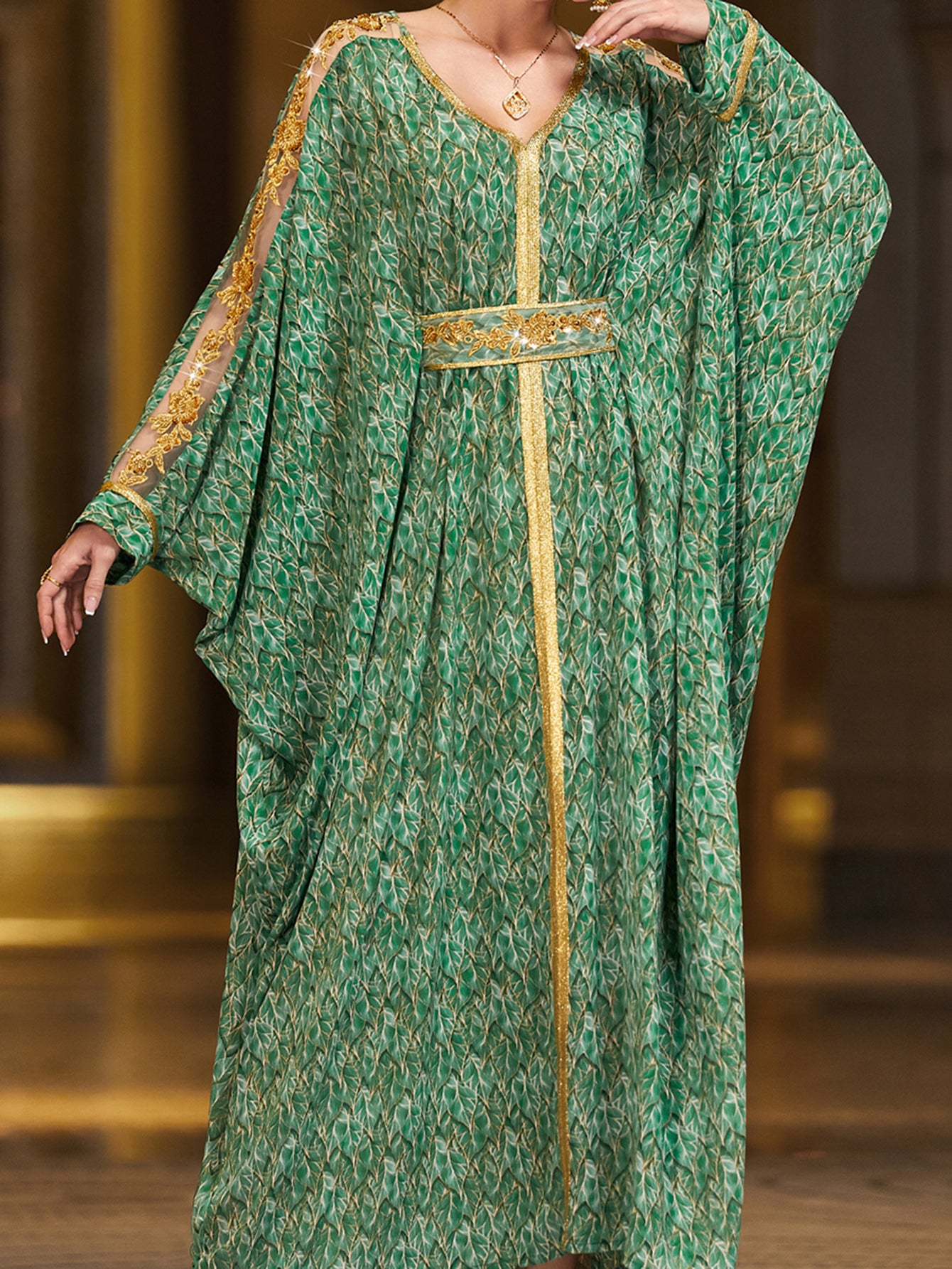 4134 Hand-Swen Bead Embellshments Rhinestone Long Abaya,  Elegant Rmantic Glamorous Vacation Fantasy Long Sleeve