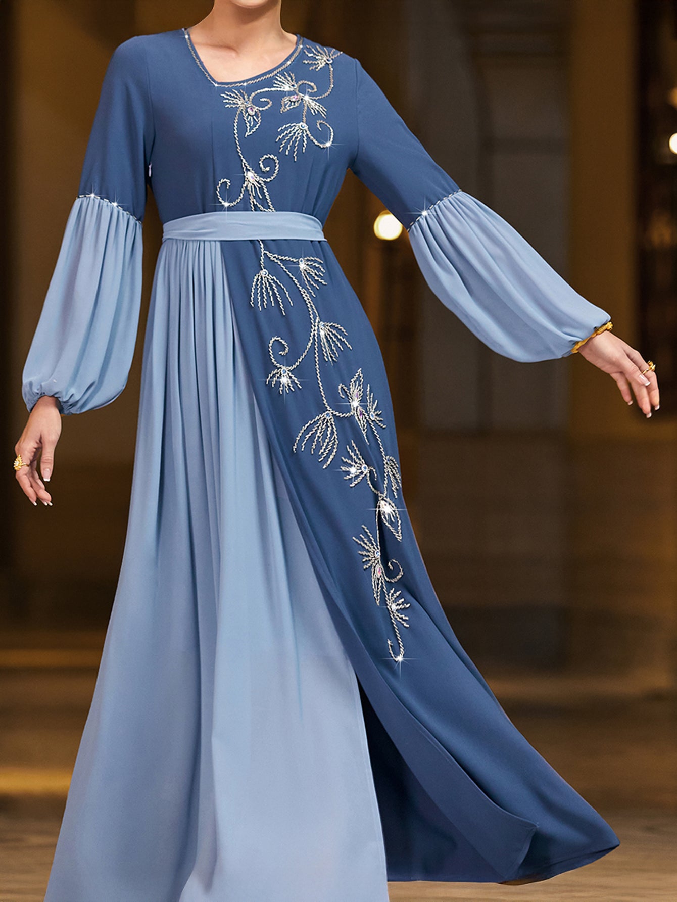 4058 Hand-Swen Bead Embellshments Rhinestone Long Abaya,  Elegant Modest Rmantic Glamorous Vacation Fantasy  Long Sleeve