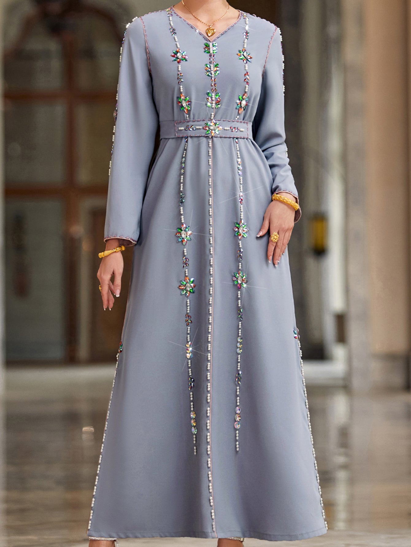 4039 Hand-Swen Bead Embellshments Rhinestone Long Abaya,  Elegant Rmantic Glamorous Vacation Fantasy Long Sleeve