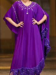 4144 Hand-Swen Bead Embellshments Rhinestone Long Abaya,  Elegant Rmantic Glamorous Vacation Fantasy Short Sleeve