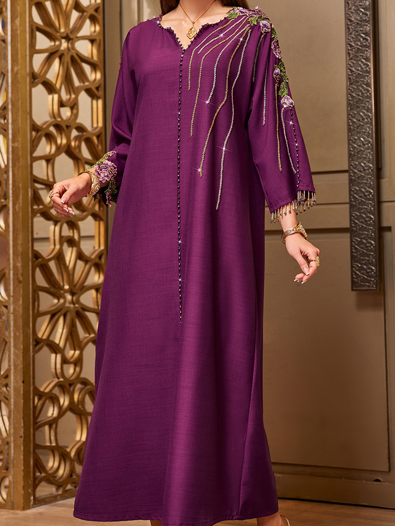 4010 Hand-Swen Bead Embellshments Rhinestone Long Abaya,  Elegant Rmantic Glamorous Vacation Fantasy Long Sleeve