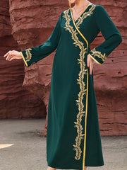 4111 Hand-Swen Bead Embellshments Rhinestone Long V Nekk V Abaya,  Elegant Rmantic Glamorous Vacation Fantasy Long Sleeve
