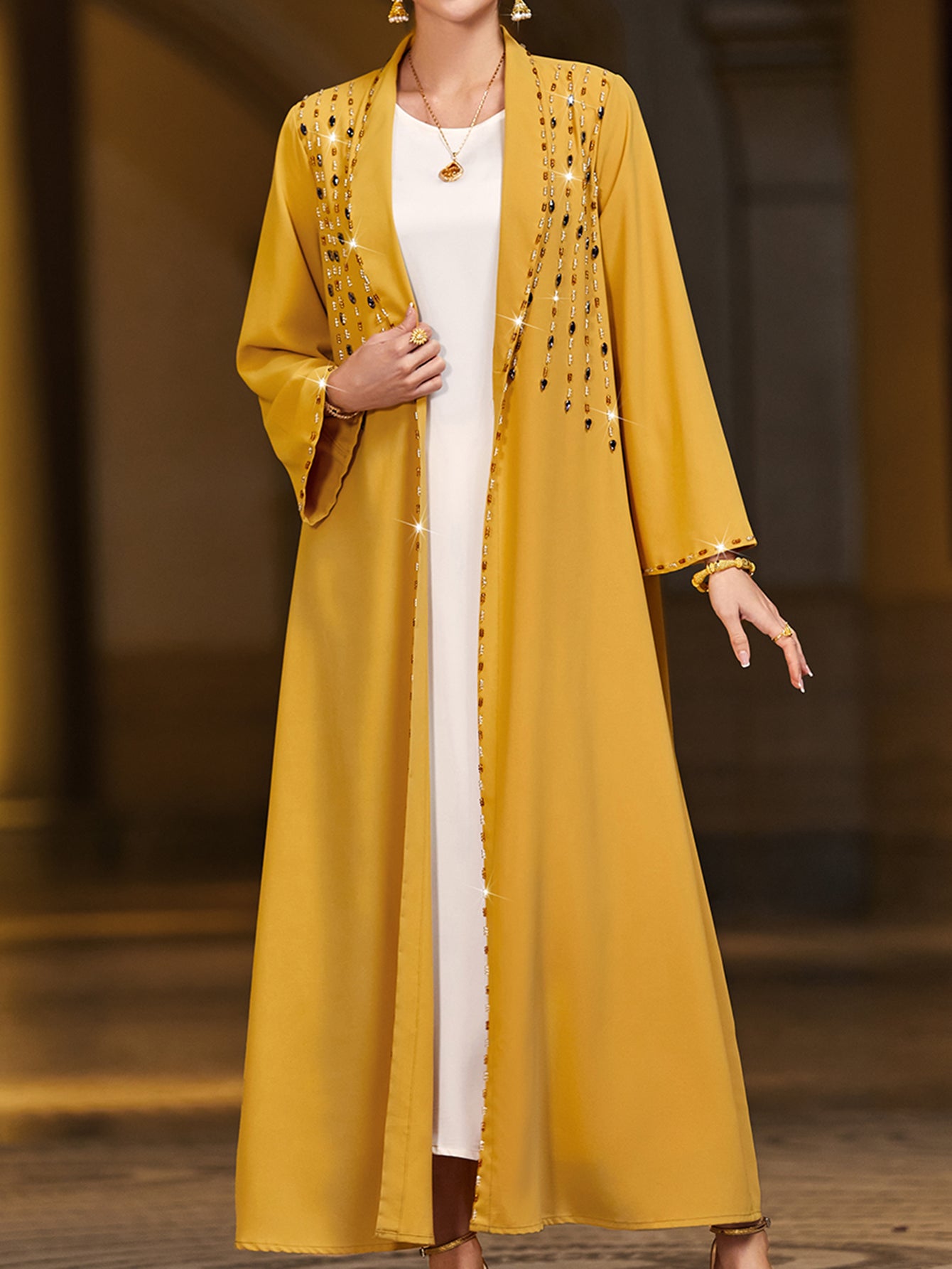 4016 Hand-Swen Bead Embellshments Rhinestone Long Abaya,  Elegant Rmantic Glamorous Vacation Fantasy Long Sleeve