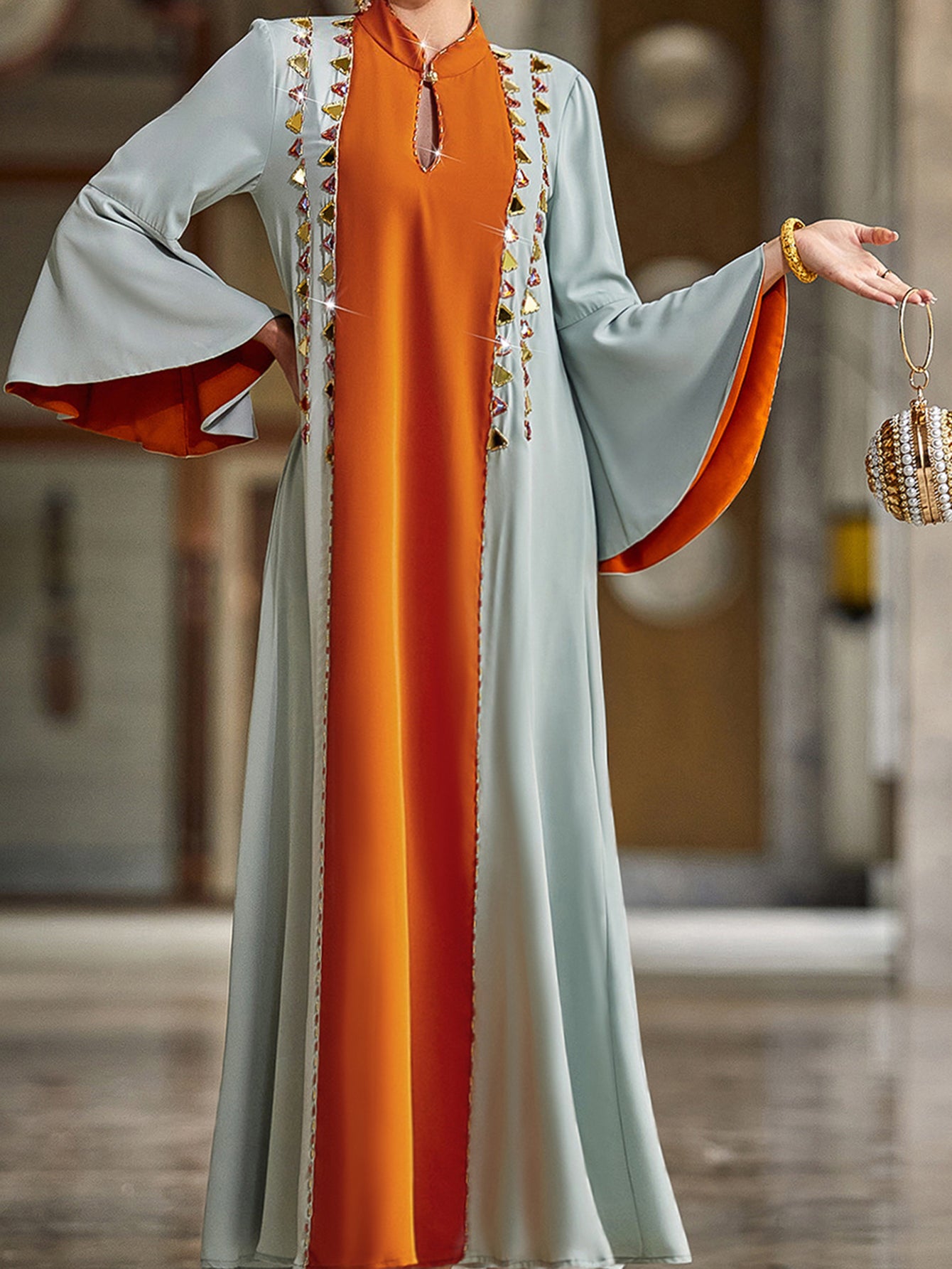 4069 Hand-Swen Bead Embellshments Rhinestone Long Abaya,  Elegant Modest Rmantic Glamorous Vacation Fantasy  Long Sleeve