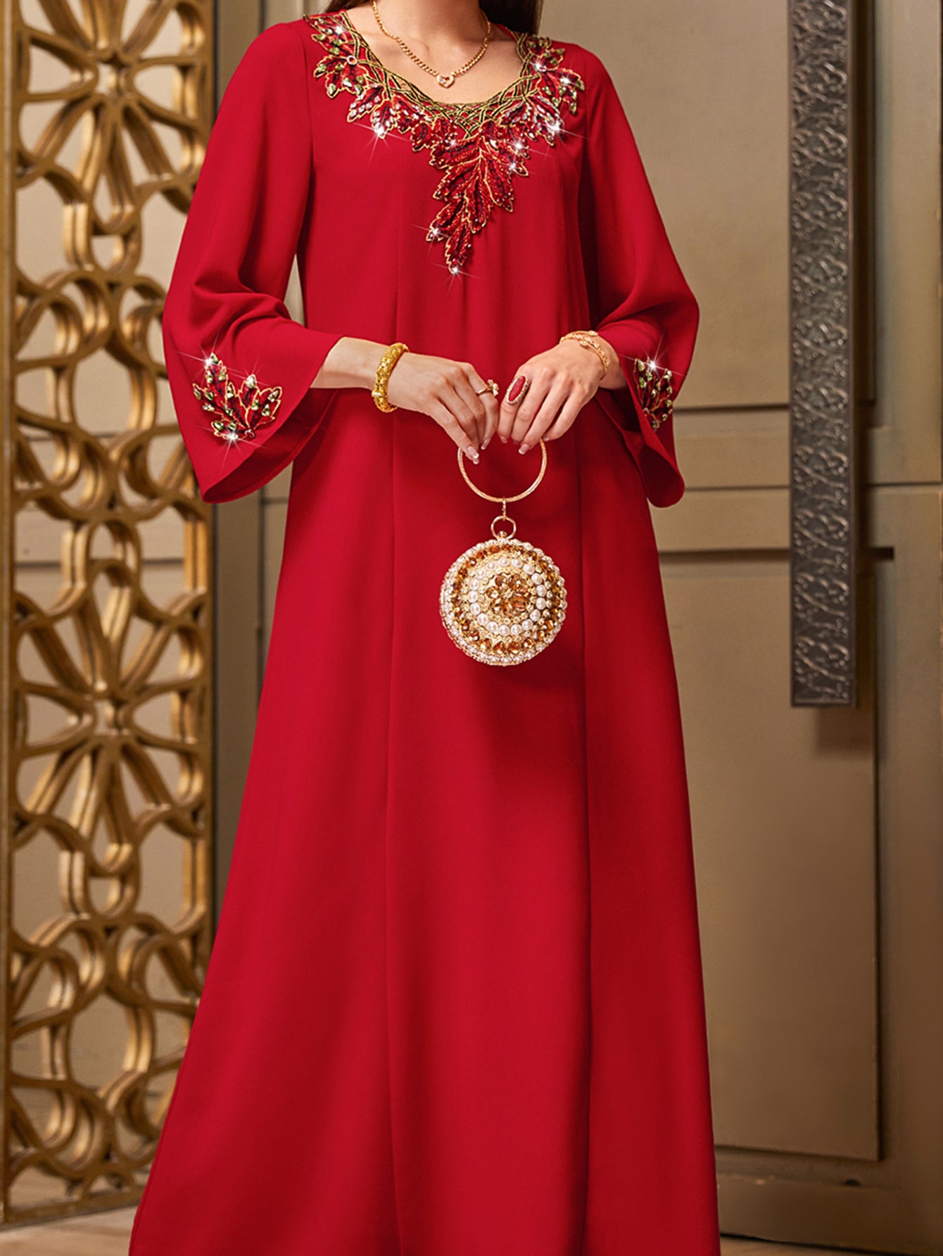 4056 Hand-Swen Bead Embellshments Rhinestone Long Abaya,  Elegant Modest Rmantic Glamorous Vacation Fantasy  Long Sleeve