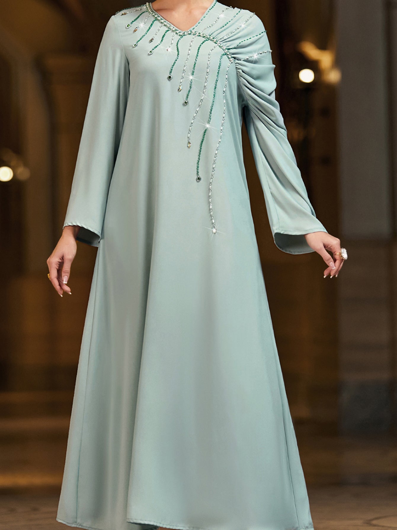 4046 Hand-Swen Bead Embellshments Rhinestone Long Abaya,  Elegant Modest Rmantic Glamorous Vacation Fantasy  Long Sleeve