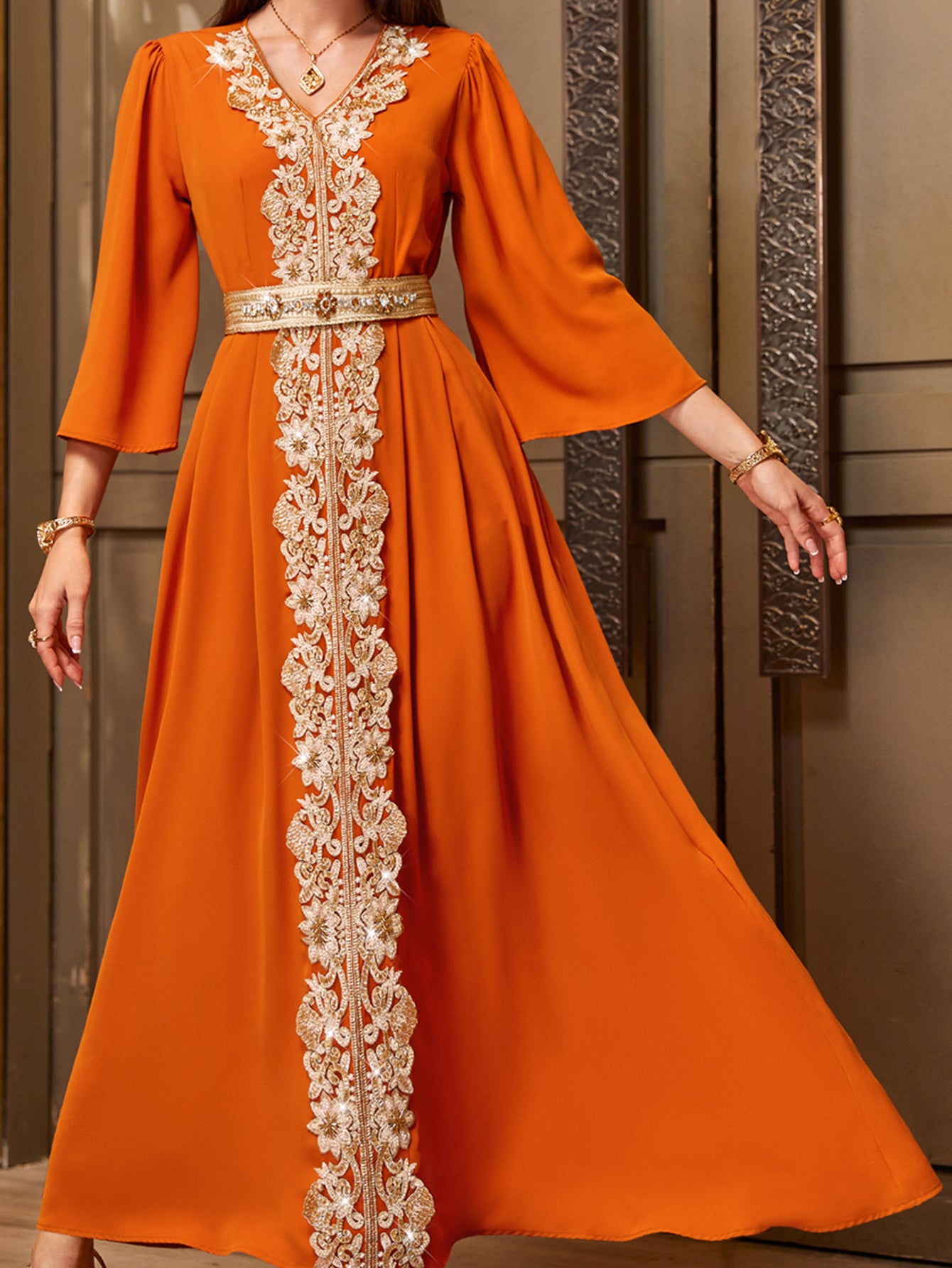 4070 Hand-Swen Bead Embellshments Rhinestone Long Abaya,  Elegant Rmantic Glamorous Vacation Fantasy Short Sleeve