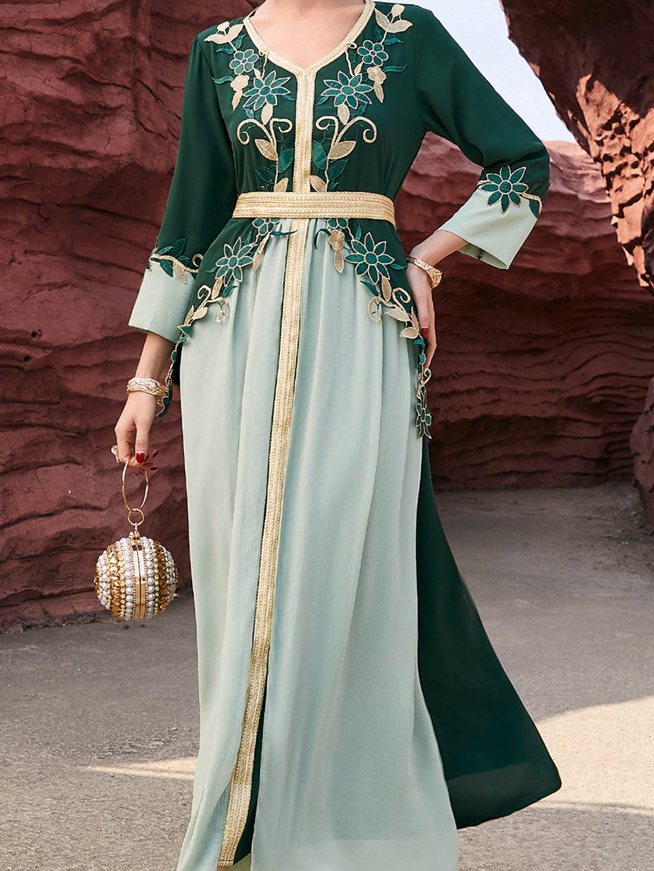 4051 Hand-Swen Bead Embellshments Rhinestone Long Abaya,  Elegant Modest Rmantic Glamorous Vacation Fantasy  Long Sleeve