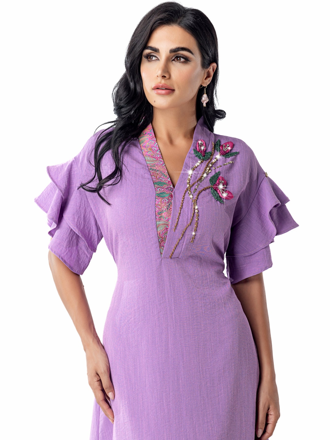 5110 abaya robe dress, floral beads shine, lotus leaf sleeves with waist design, a must for parties