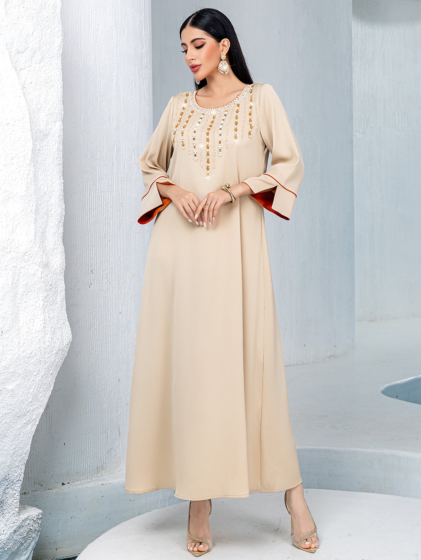 5239Beige Arabic Abaya Dress | Gold Beaded V-Neck Gown with Red Trim & Bell Sleeves for Evening