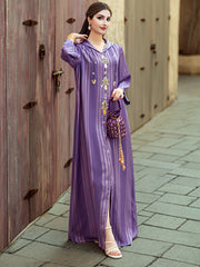 4139 Middle Eastern Style Purple Striped Rhinestone Bead Embellished Bell Sleeves Maxi Dress - Elegant Decorated Abaya Gown