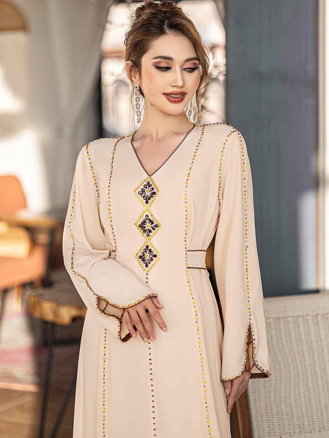 5206Beige Arabic Abaya Dress | V-Neck Gold Beaded Gown with Geometric Embroidery & Bell Sleeves