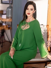 5205 Luxury Emerald Abaya | Hand-Beaded Neckline & Crystal-Trimmed Bell Sleeves