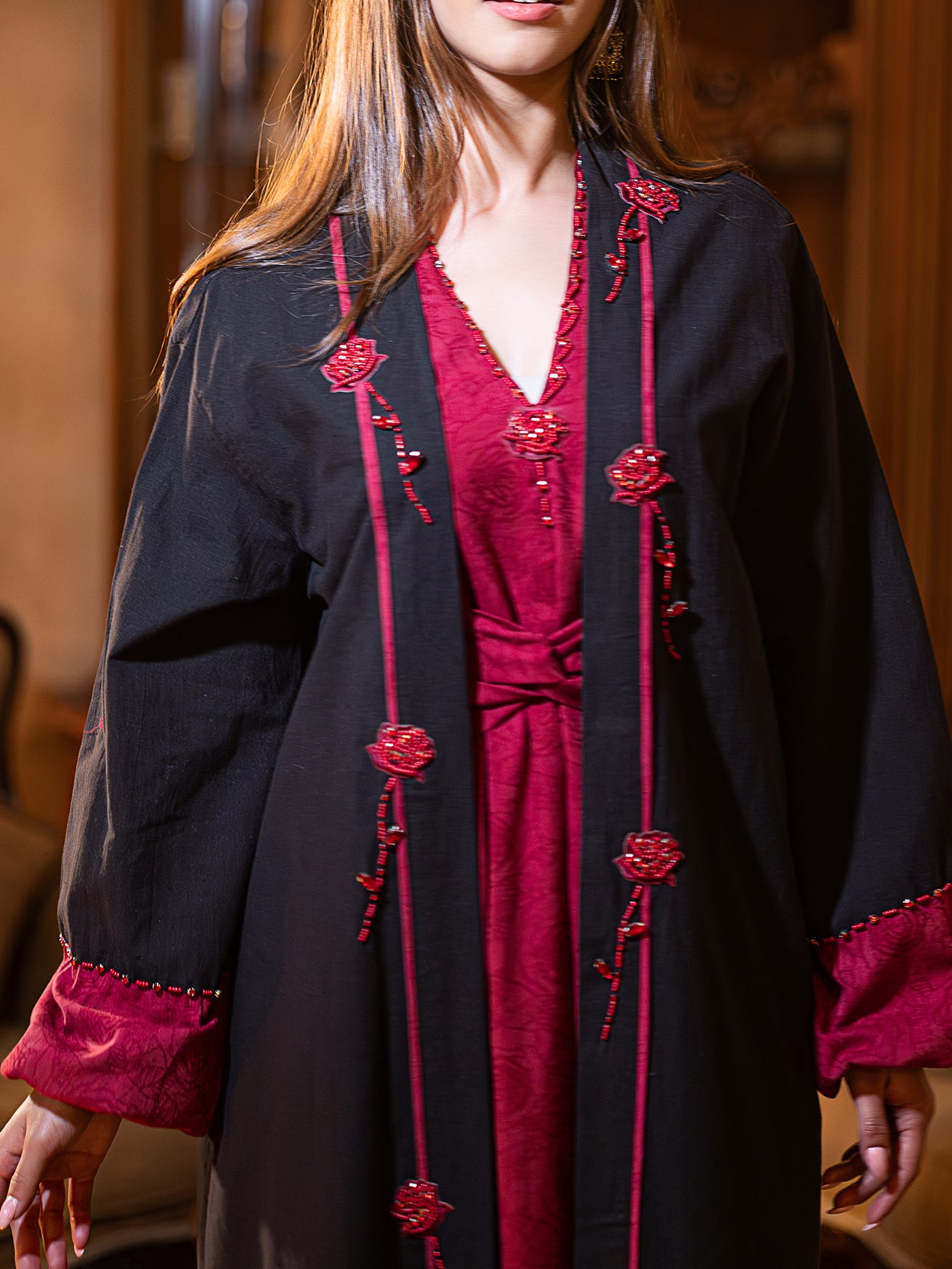 15022 Encounter Rose High-end Hand-sewn Diamond Luxury Texture Two-piece Cardigan Jacket Dress