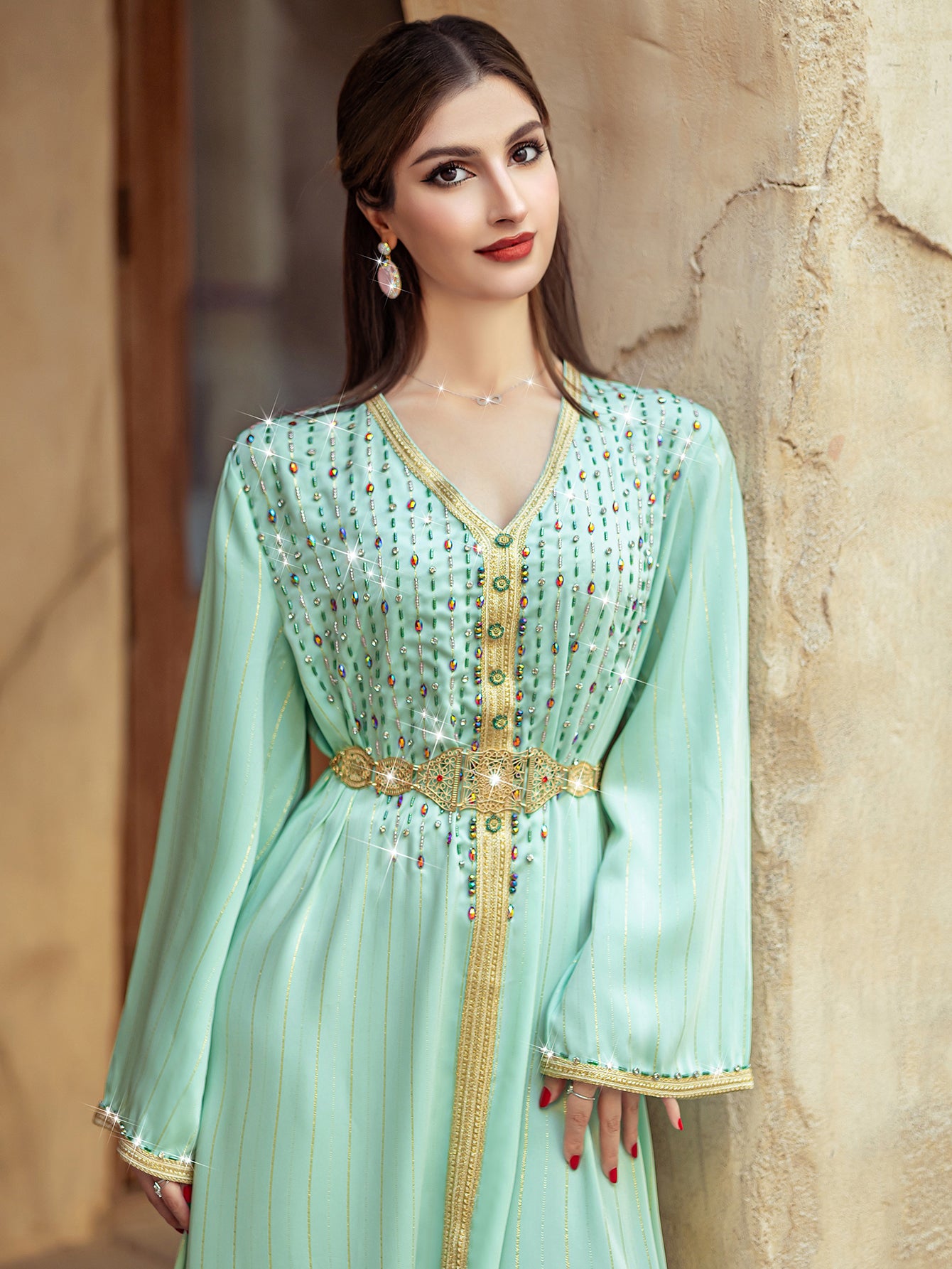 4138 Middle Eastern Style Light Green Gold Rhinestone Bead Embellished Belted Long Sleeve Maxi Dress - Elegant Decorated Gown