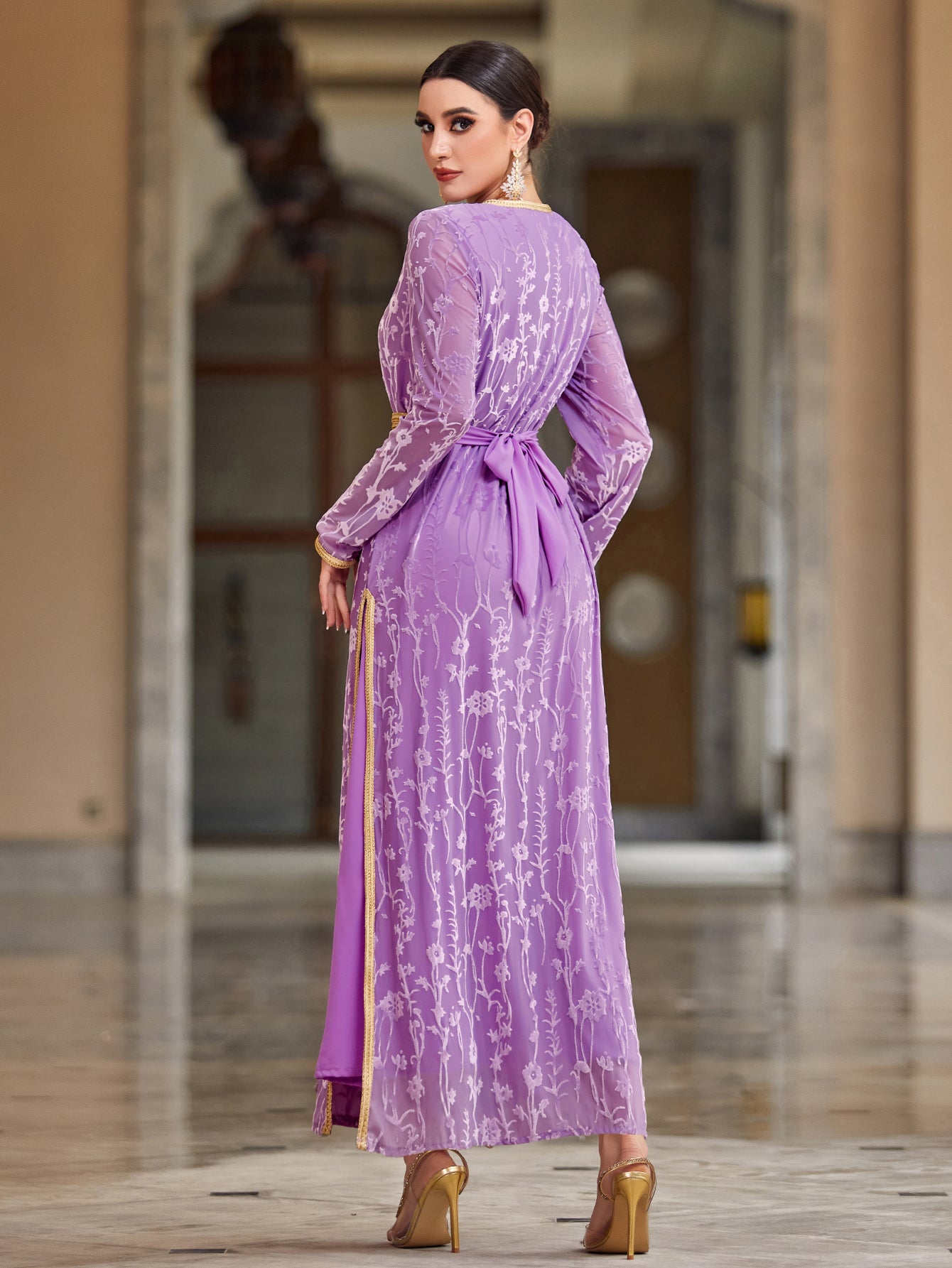 4031 Middle Eastern Style Purple Gold Embroidered Long Sleeve Maxi Dress - Elegant Belted Floral Pattern Gown