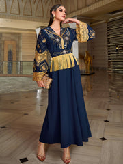 4146 Middle Eastern Style Navy Blue Gold Bead Embroidery Lace Tassel Decorated Long Sleeve Maxi Dress - Elegant Abaya Gown