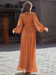 15215 new V-neck long-sleeved pleated skirt heavy industry handmade beaded elegant long dress dress women's dress