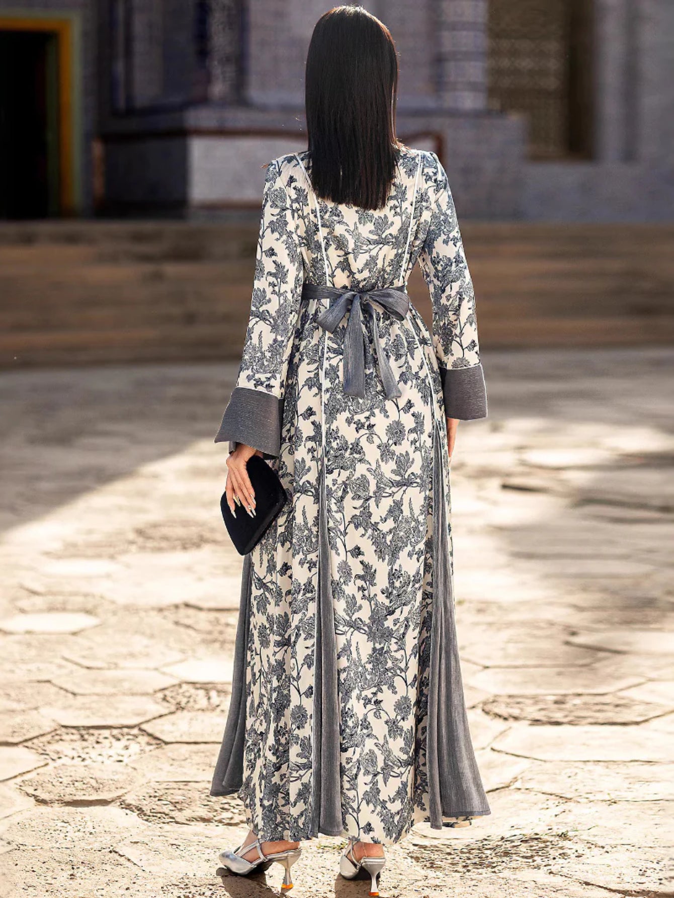 15244 v-neck satin jacquard dress hand-sewn bead elegant long-sleeved dress