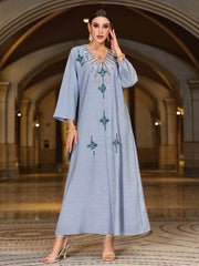 4140 Middle Eastern Style Light Blue Rhinestone Bead Embellished Bell Sleeves Maxi Dress - Elegant Decorated Abaya Gown