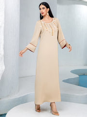 5239Beige Arabic Abaya Dress | Gold Beaded V-Neck Gown with Red Trim & Bell Sleeves for Evening