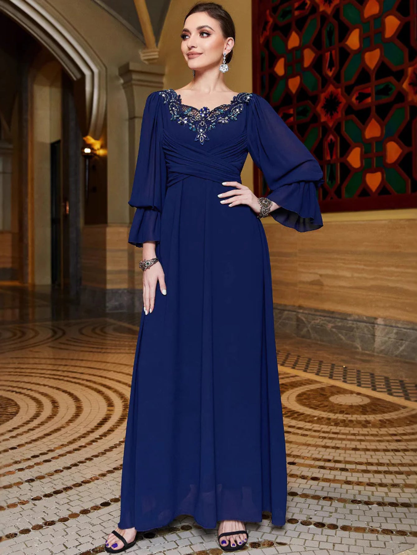 BA3122 navy blue chiffon splicing lace collar evening dress Middle East cross-border hand-sewn diamond elegant long dress