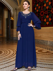 BA3122 navy blue chiffon splicing lace collar evening dress Middle East cross-border hand-sewn diamond elegant long dress