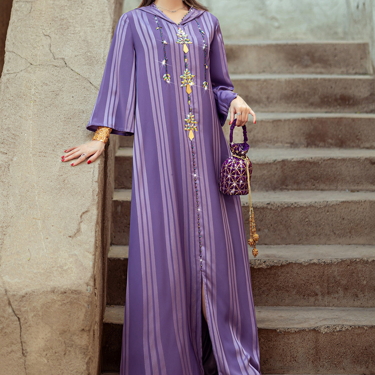 4139 Middle Eastern Style Purple Striped Rhinestone Bead Embellished Bell Sleeves Maxi Dress - Elegant Decorated Abaya Gown