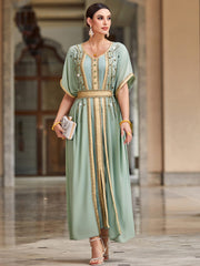 4033 Middle Eastern Style Light Green Gold-Embellished Short Sleeve Maxi Dress - Elegant Belted Slit Pseudotwo-Piece Gown