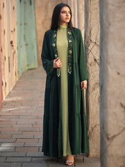 4079 Middle Eastern Style Dark Green Green Two-Piece Set - Colorful Embroidered Tassel Long Cardigan Dress & Inner Gown