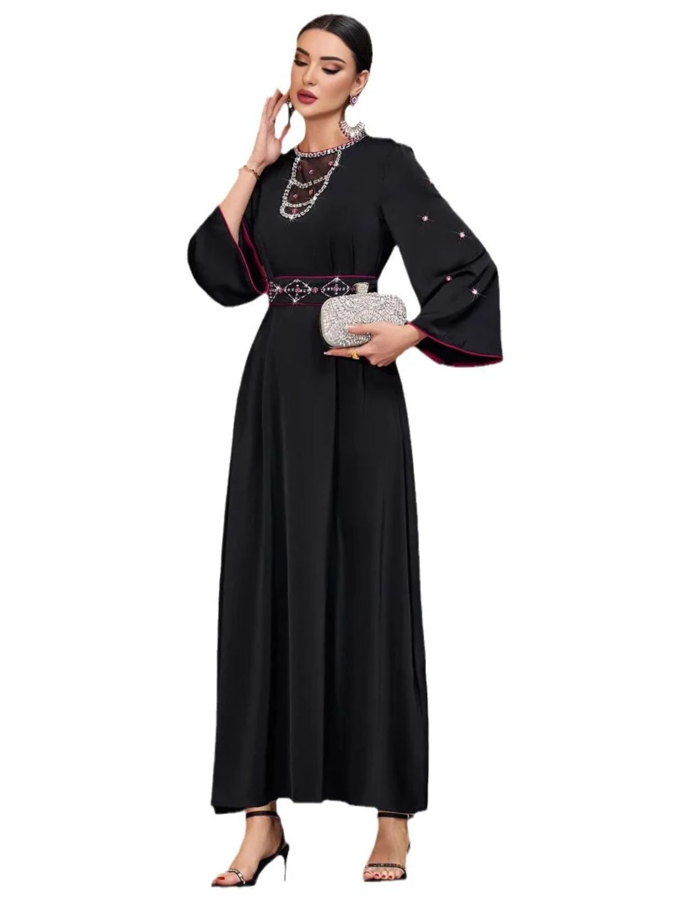 BA4062 Black Satin Splicing Mesh Hollow Collar Rhinestone Dress Robe