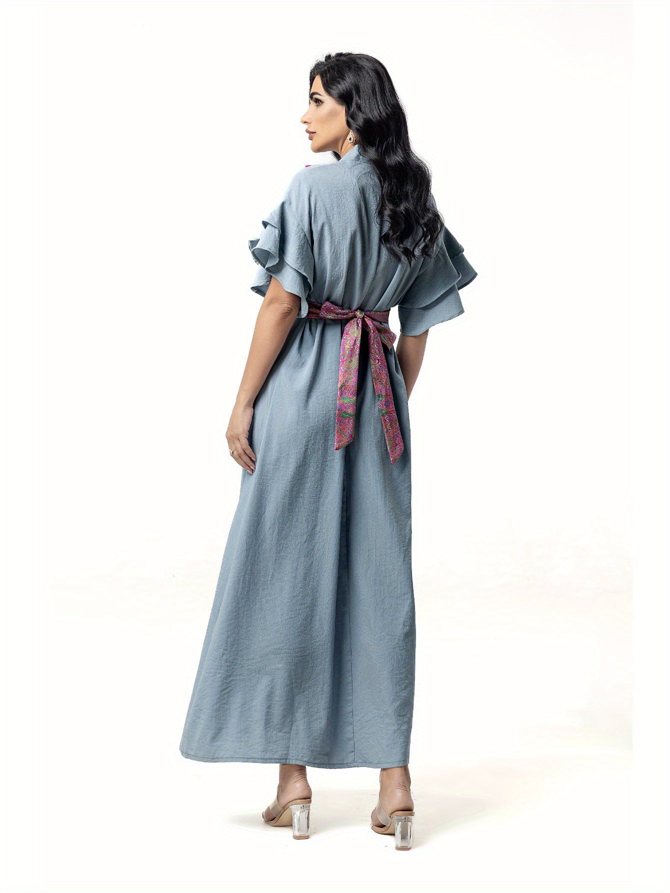 5110 abaya robe dress, floral beads shine, lotus leaf sleeves with waist design, a must for parties
