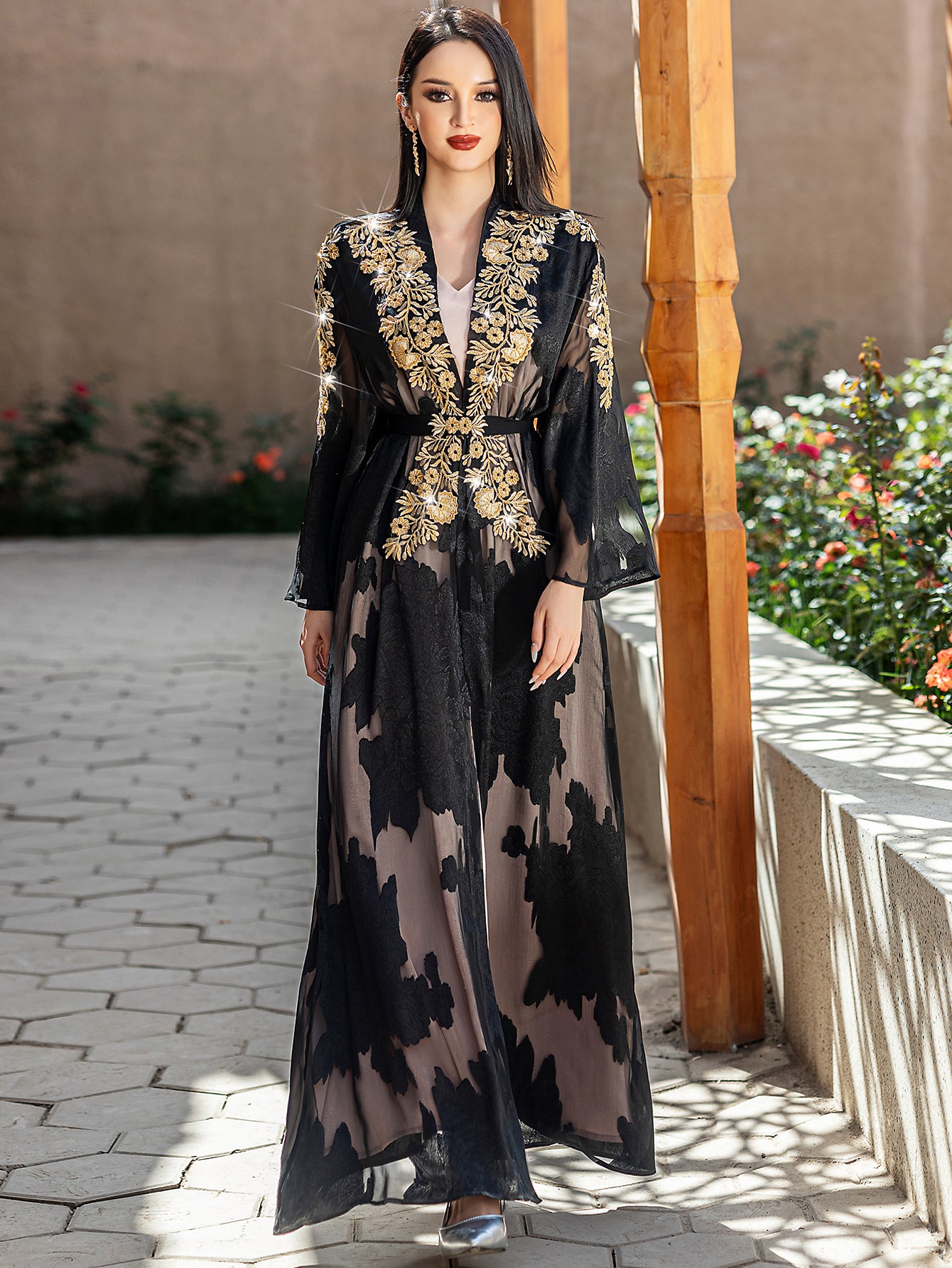 5228Arabic Two-Piece Abaya Dress | Black Sheer Embroidered Gown with Layered Silhouette