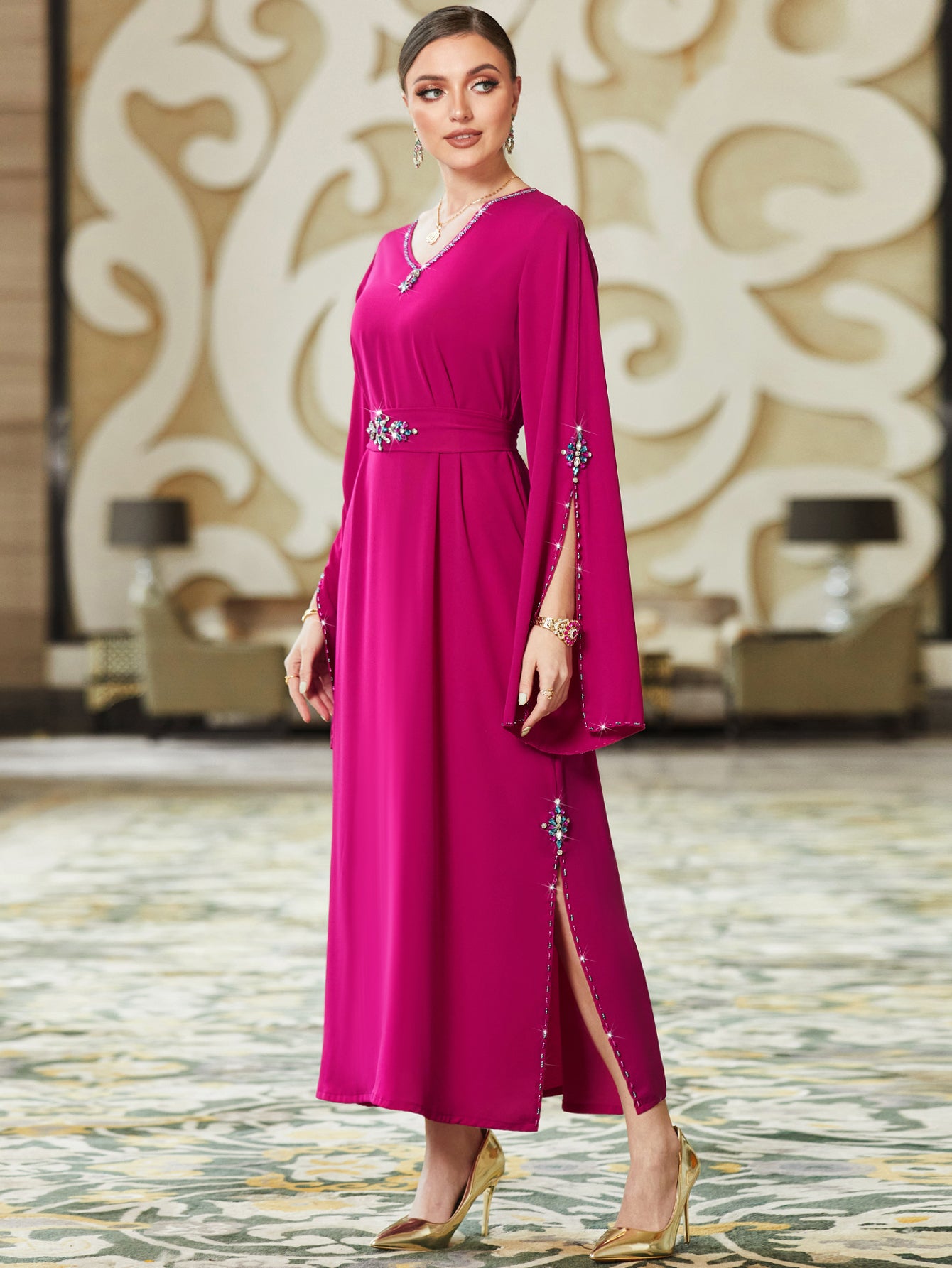 3068 rose red mid-east wind V-neck horn sleeve diamond slim dress