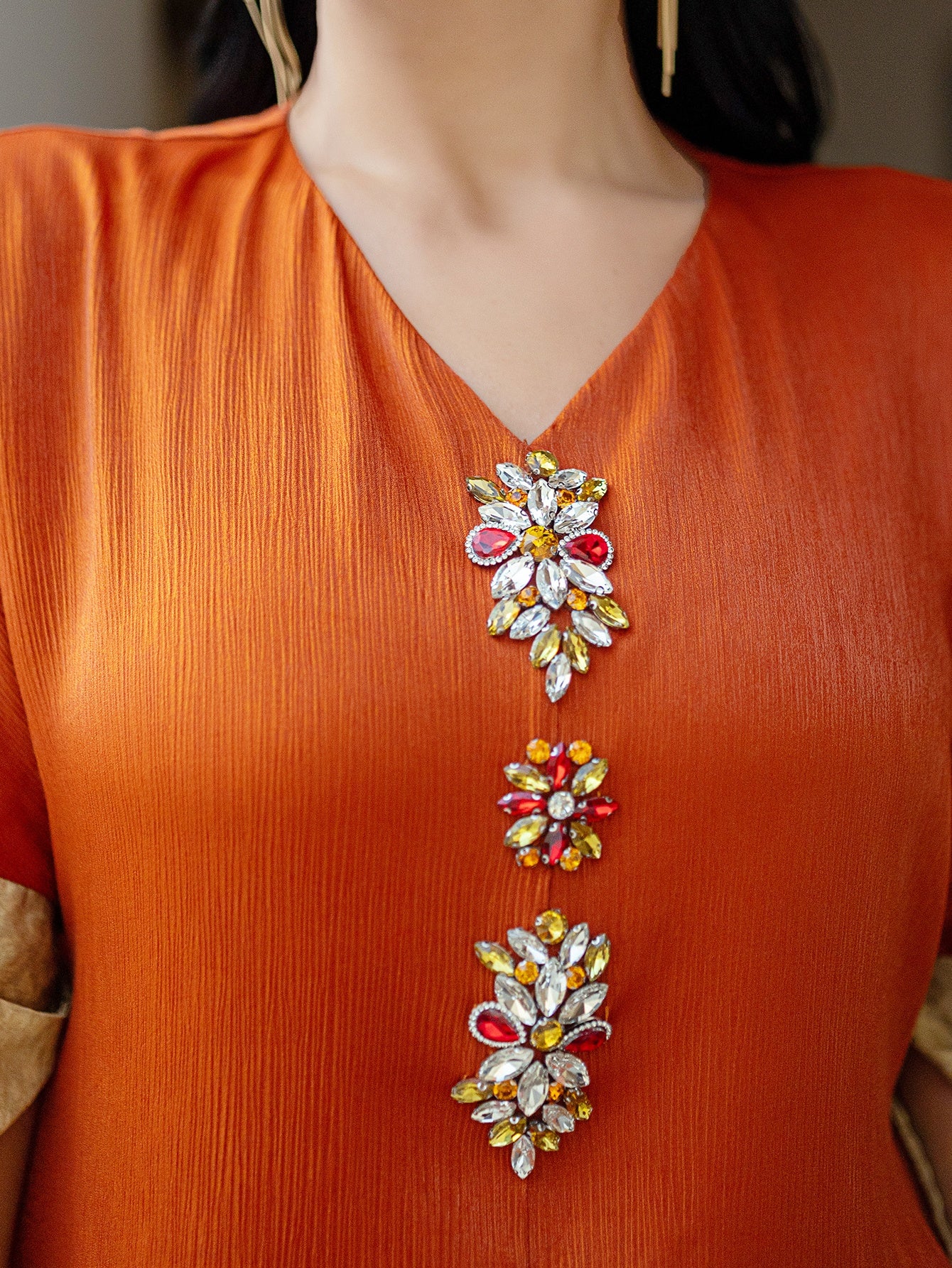 5060Arabic Abaya Dress | Orange Gold-Embroidered V-Neck Gown for Special Occasions
