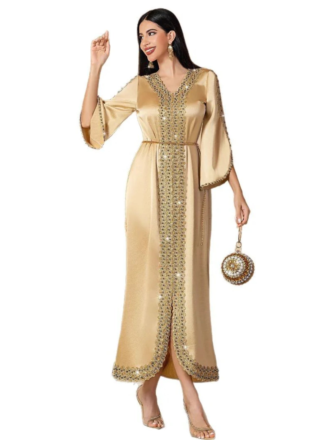 15154 new champagne splicing lace handmade beaded women's Middle East robe evening dress