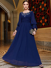 BA3122 navy blue chiffon splicing lace collar evening dress Middle East cross-border hand-sewn diamond elegant long dress